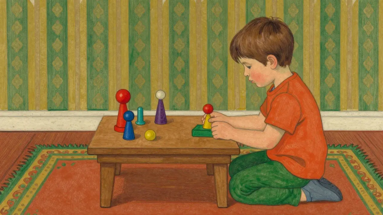 Dítě v terapeutické hře s hračkami v ilustracích Arts and Crafts.