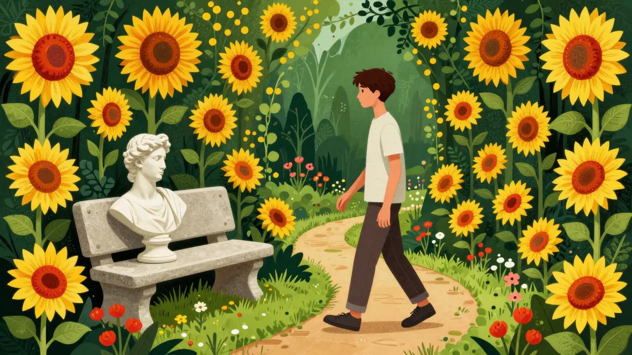 Dospívající kráčí cestou v barevném, stylizovaném zahradním prostředí.