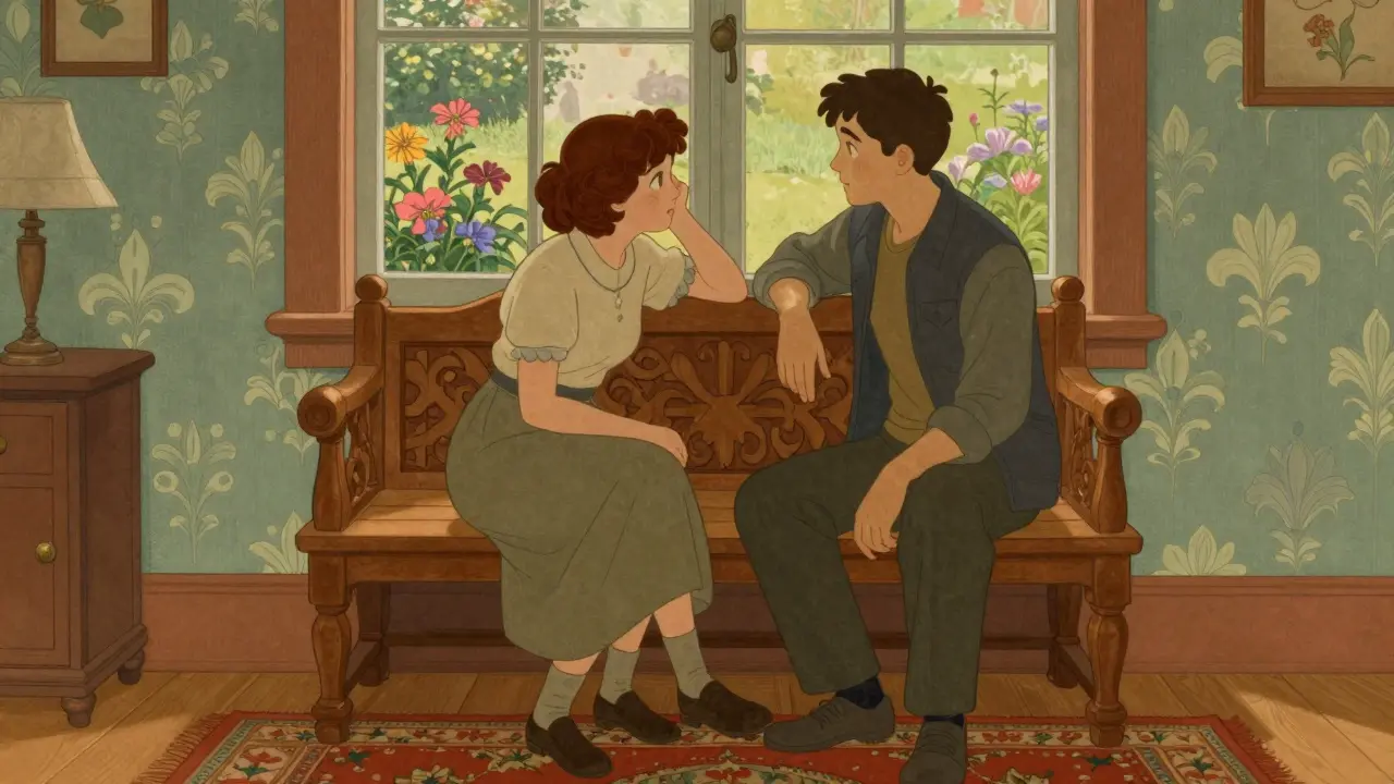 Dva lidé v podporující rozhovoru v útulném interiéru v stylu Arts and Crafts.