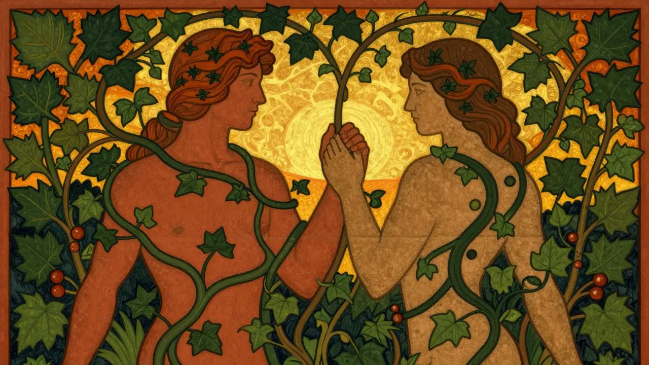 Dvě postavy obklopené ornamentálními vnitmi symbolizující hluboké pouto.