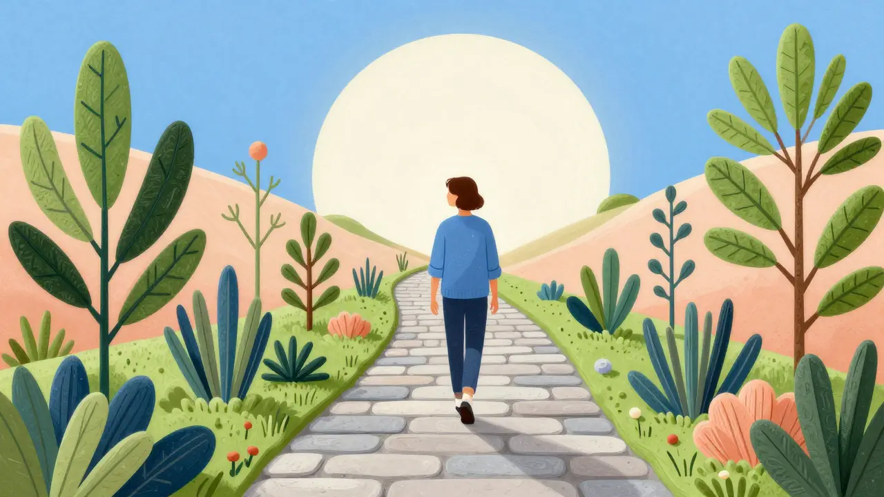 Ilustrace osoby kráčející po cestě k uzdravení a vnitřnímu klidu.