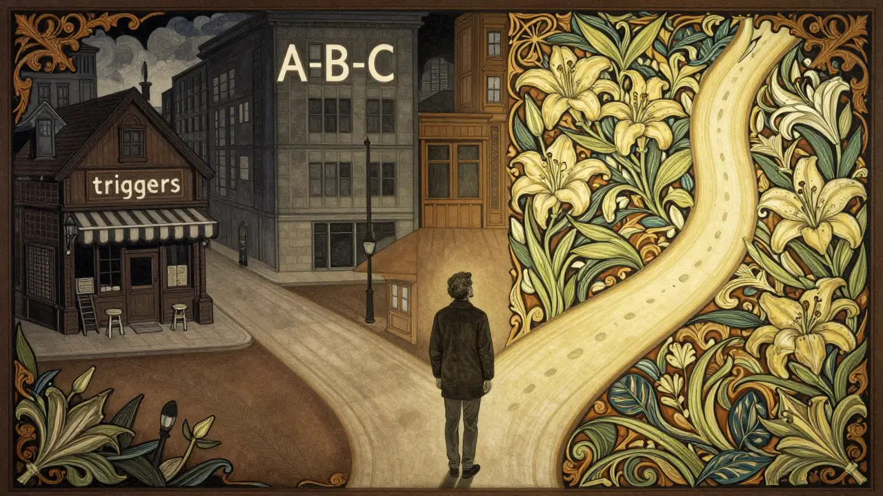 Ilustrace osoby u křižovatky cest, volící zdravou cestu místo starých spouštěčů.