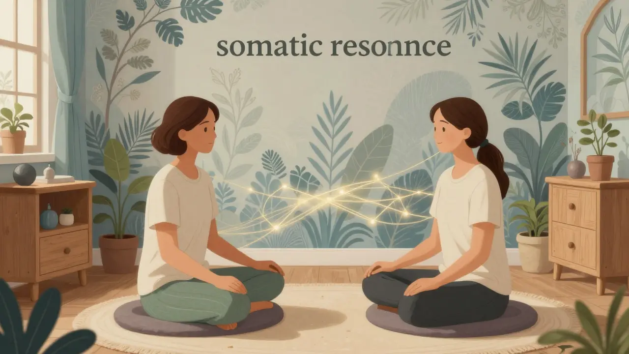 Klidná terapeutická scéna s motivem somatické rezonance v tradičním stylu.