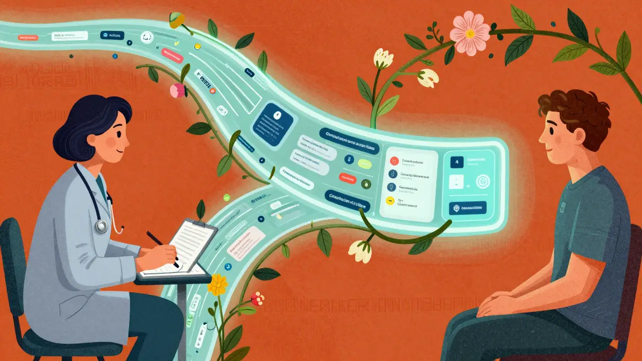 Konceptuální ilustrace propojující terapeuta a pacienta pomocí digitálního proudu a přírodních motivů.