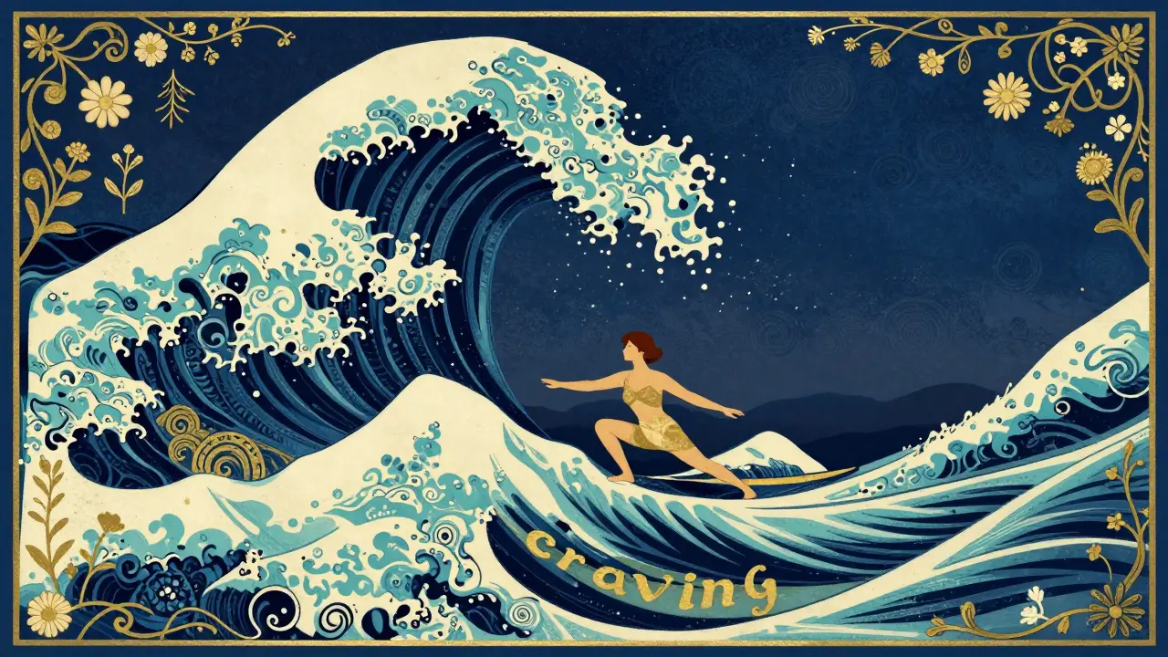 Kresba člověka klidně surfujícího na vlně touhy, symbolizující zvládání cravingu.