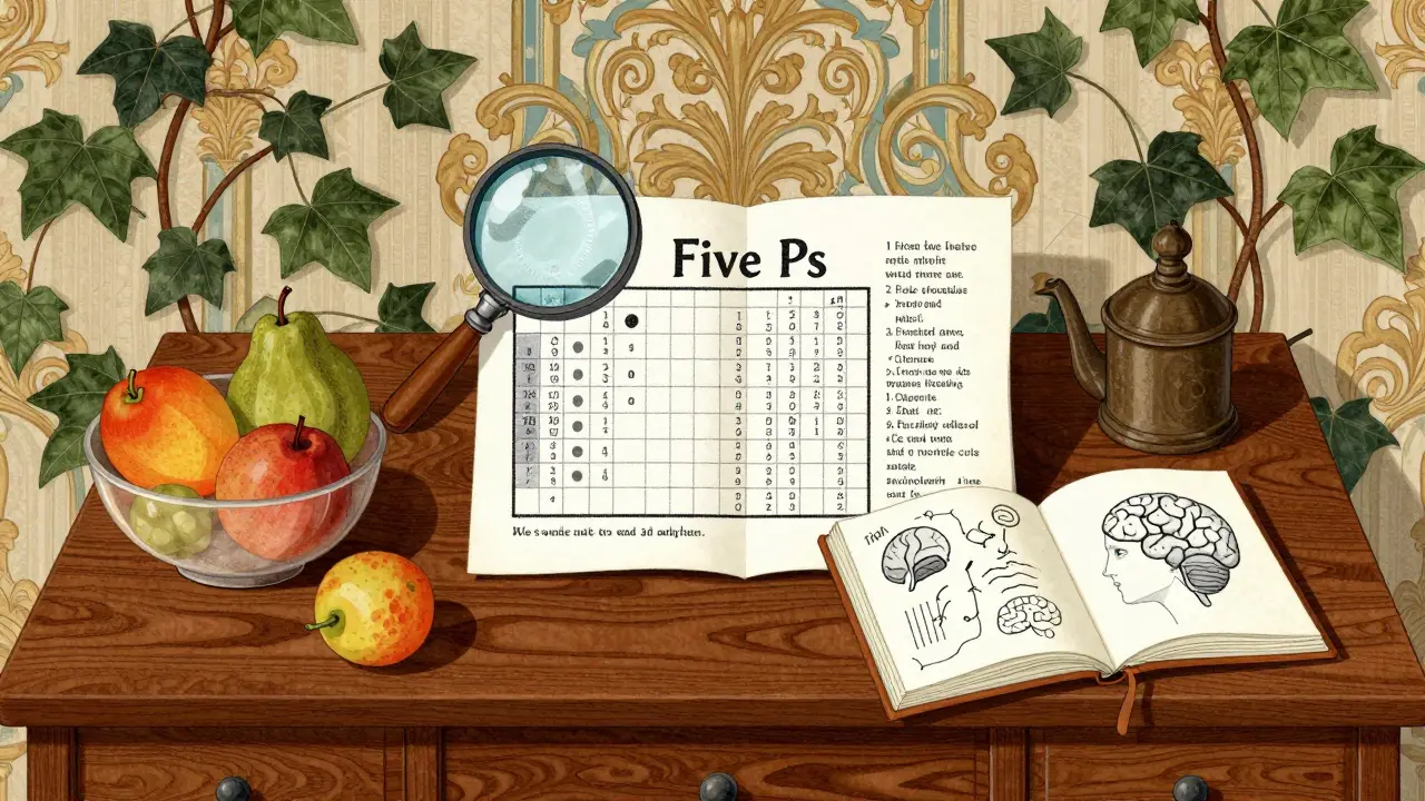 Kresba pracovního stolu terapeuta kombinující vědecká data a lidský přístup.