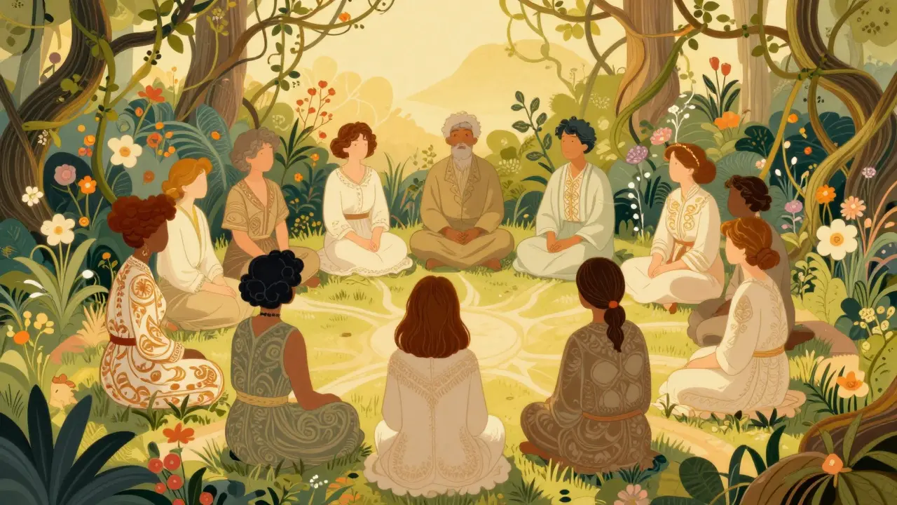 Kresba skupinové terapie v ornamentálním zahradním prostředí.