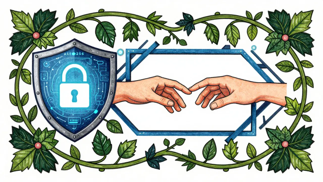 Kresba symbolizující šifrování a bezpečnost online terapie s rostlinnými motivy.