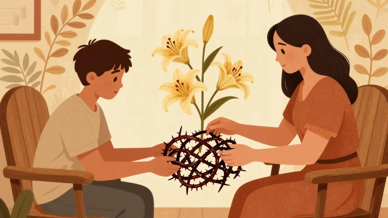 Kresba terapeuta a dospívajícího, kteří společně rozplétají uzl pomocí květin.