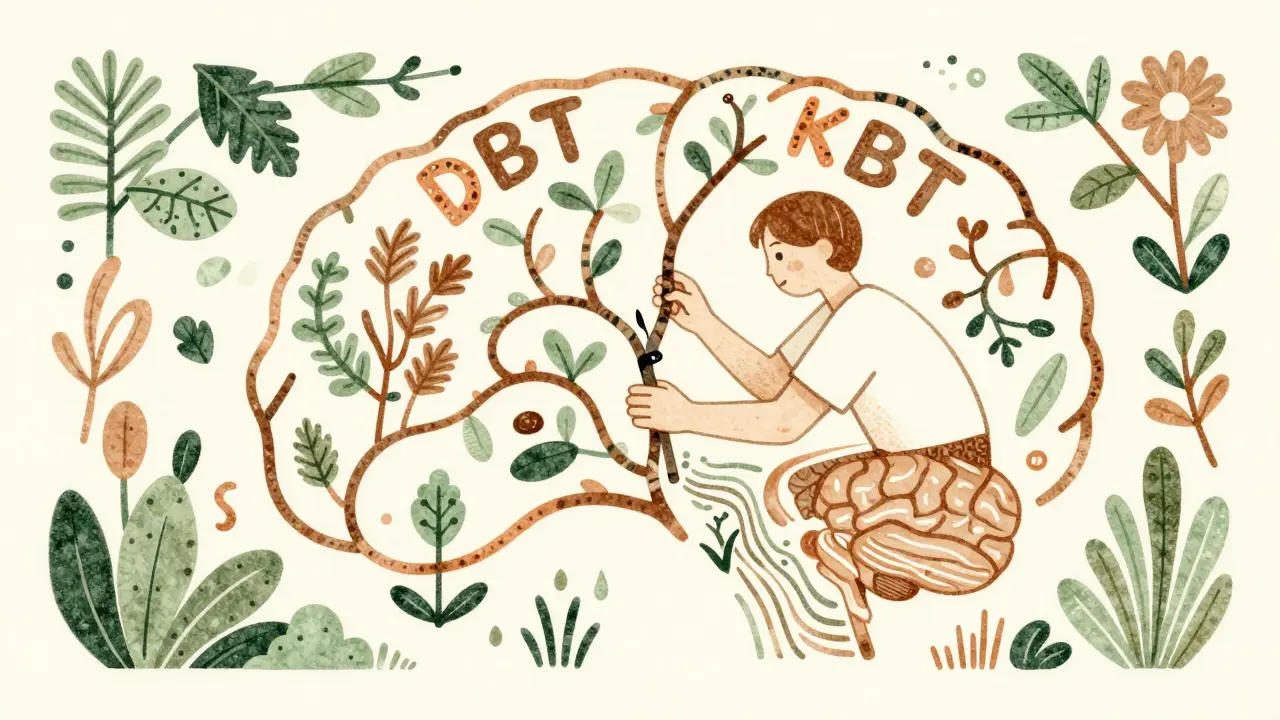 Kresba v stylu Arts and Crafts symbolizující nácvik dovedností a růst v mozku.