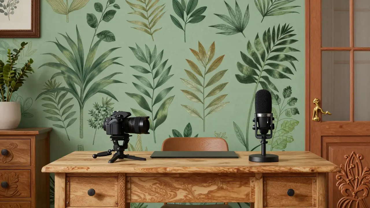 Kresba vybavení pro telepsychologii s botanickou tapetou a dřevěným nábytkem.