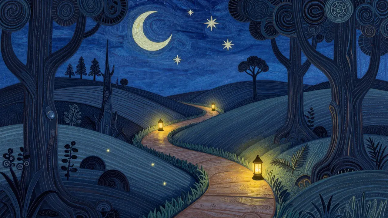 Křivolaká cesta s rozsvěcenými lampiony vedoucí k horizontu.