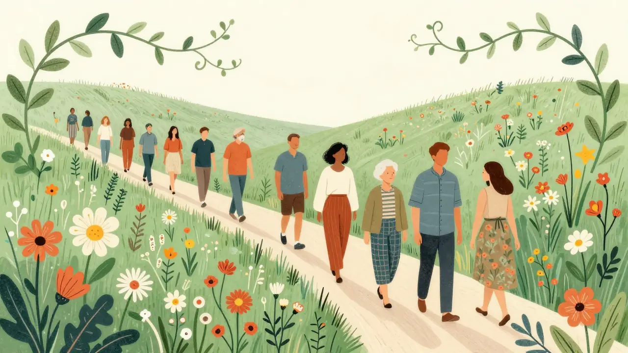 Lidé kráčející po cestě v rozkvétaté louce, symbolizující cestu k uzdravení a naději.