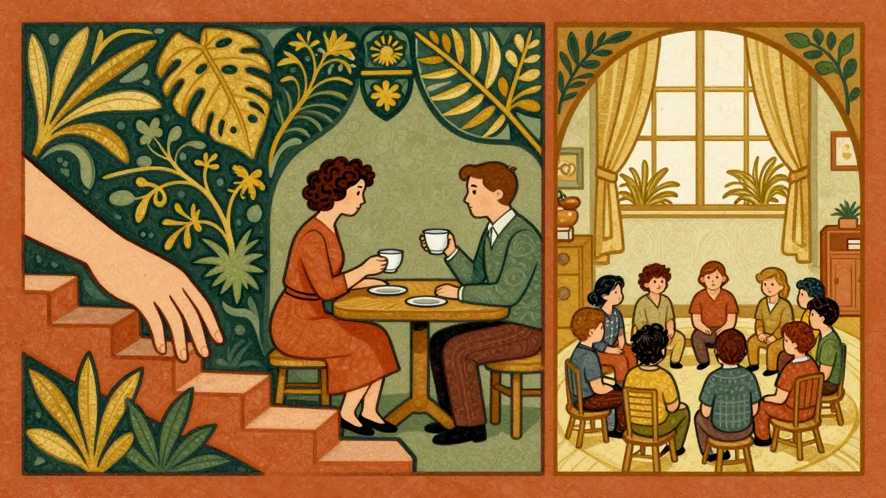 Postupný návrat do společnosti znázorněný pomocí symbolických gest a společného čaje.