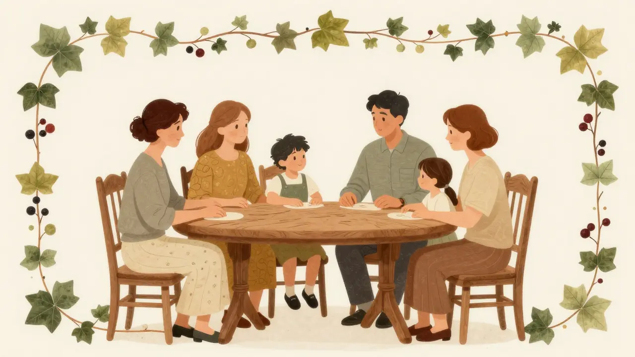 Rodina sedící u stolu v harmonické atmosféře s dekorativním rámem z listů.