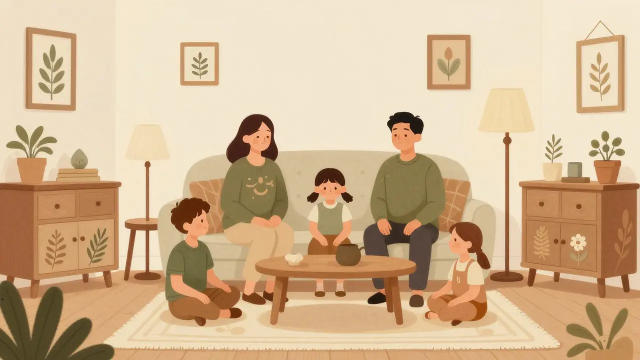 Rodina společně relaxuje v domovním prostředí ve stylu Arts and Crafts.