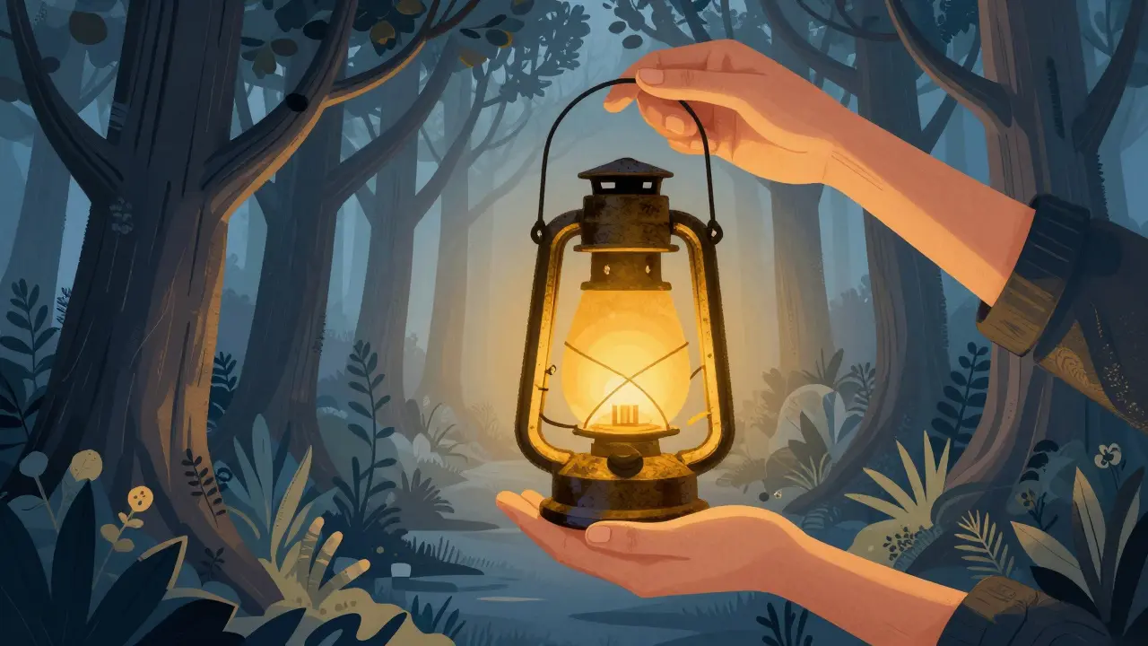 Ruka držící zlatou lucernu osvětlující cestu v stylizedovaném lese.