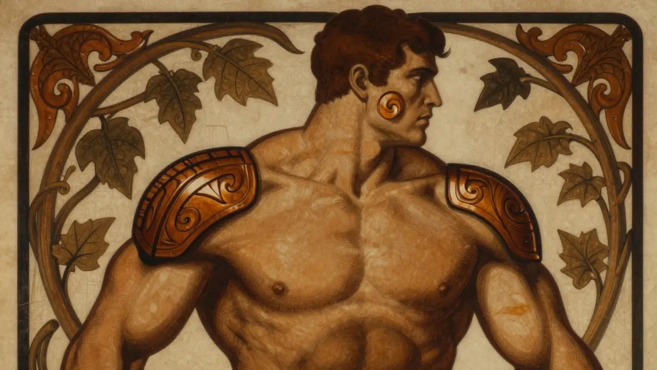 Stylizovaná postava s vyobrazením svalového pancíře v ornamentální podobě.