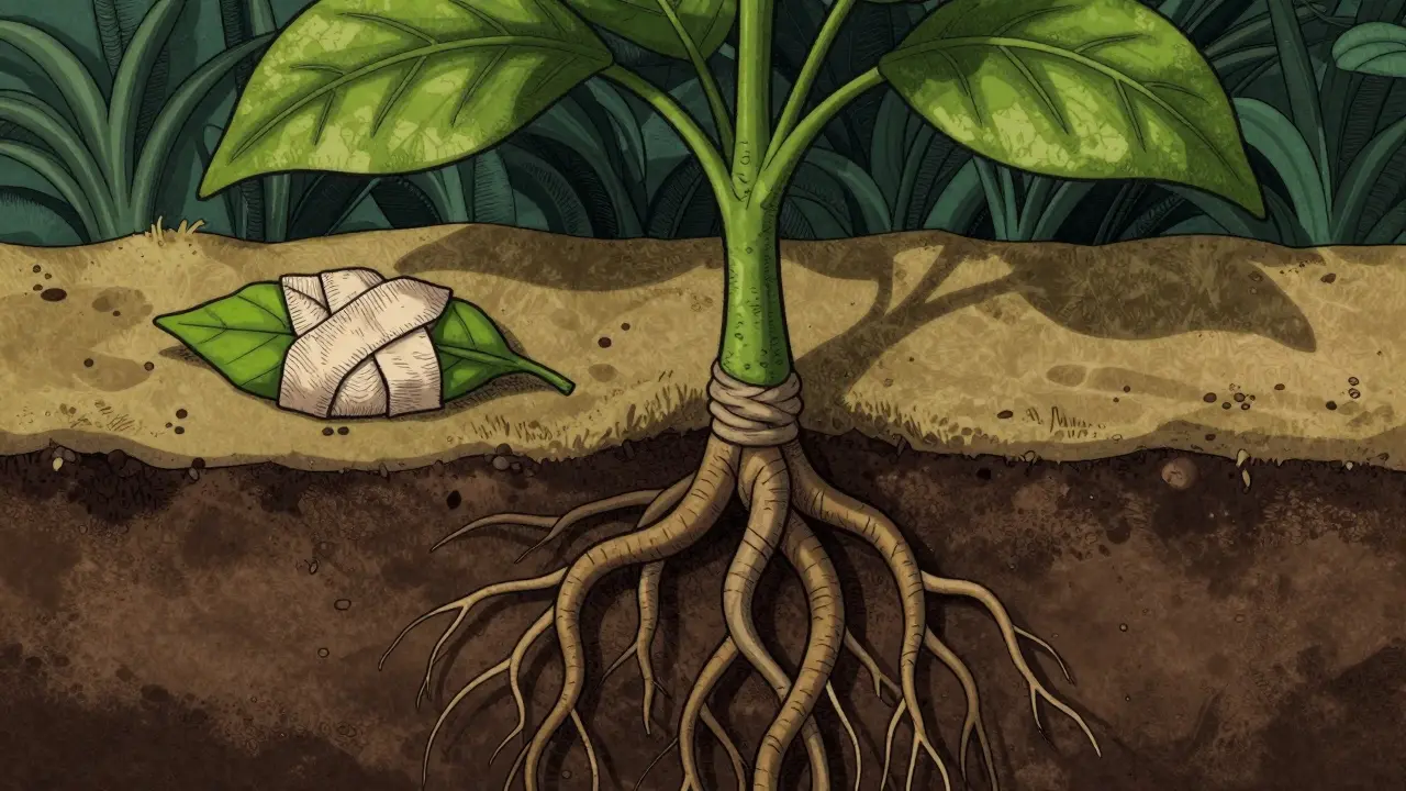 Stylizovaná rostlina s náplastí na listu a zapletenými kořeny symbolizující povrchové řešení problémů.