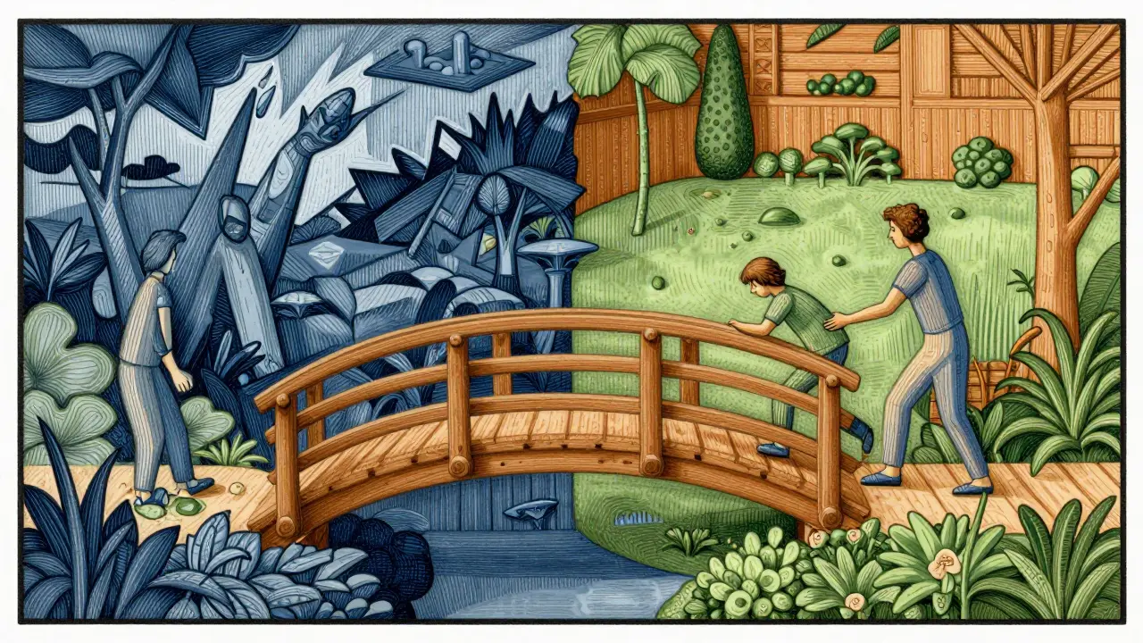 Stylizovaný most spojující bouřlivou krajinu s klidnou zahradou, symbolizující krizovou pomoc.