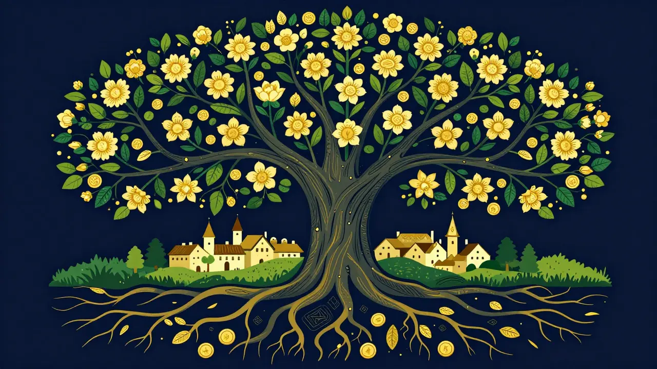 Stylizovaný strom života symbolizující finanční stabilitu a duševní zdraví.