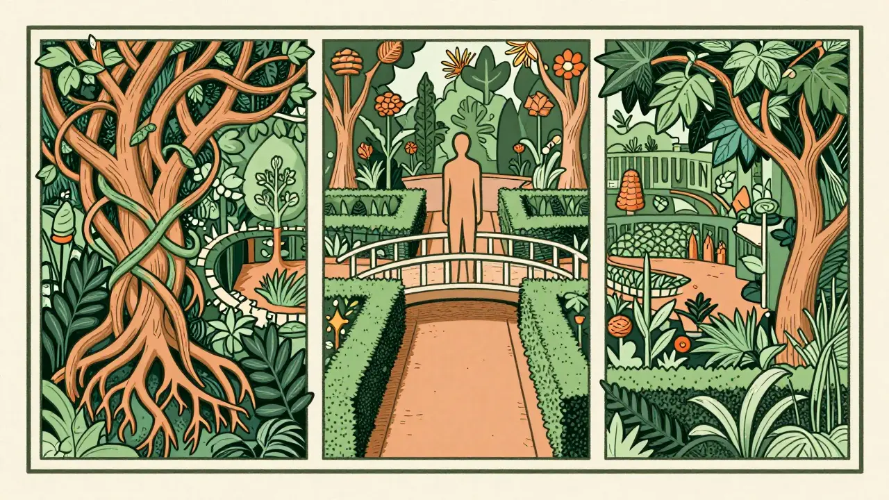 Symbolická představa Id, Ego a Superego jako části stylizované zahrady.