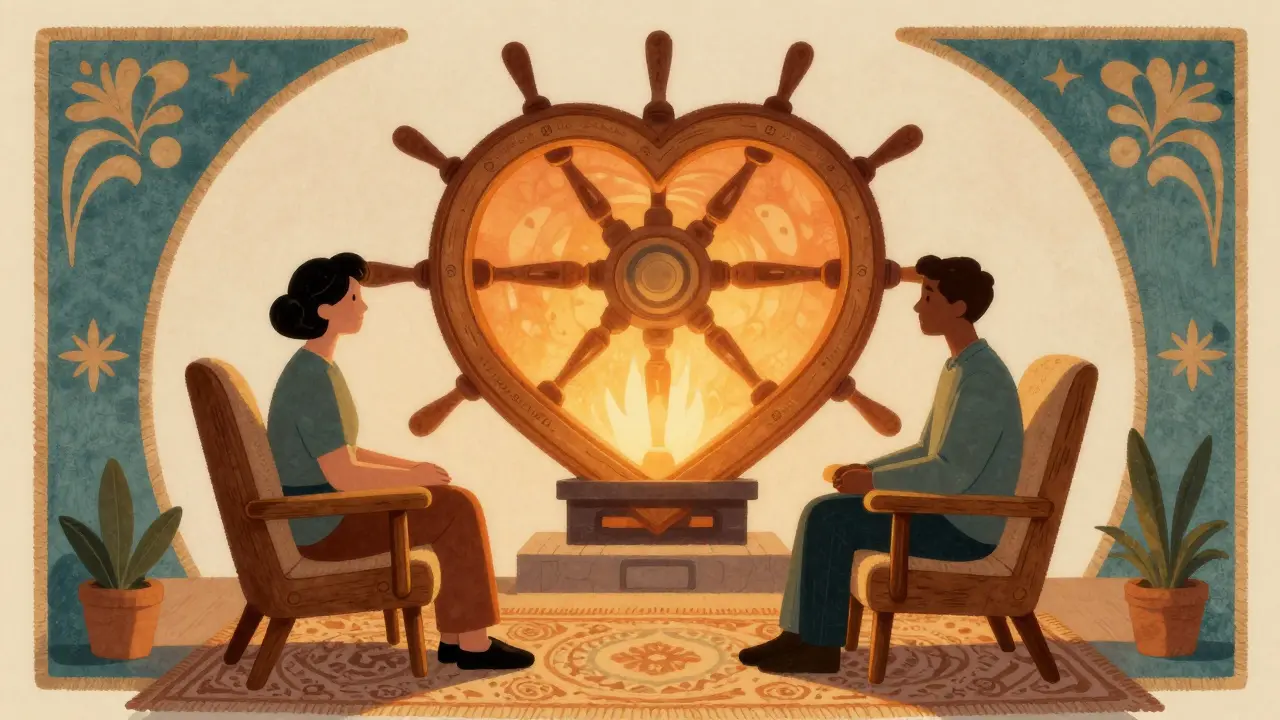 Symbolické zobrazení rovnováhy mezi terapeutickým vztahem a vědeckou metodou.