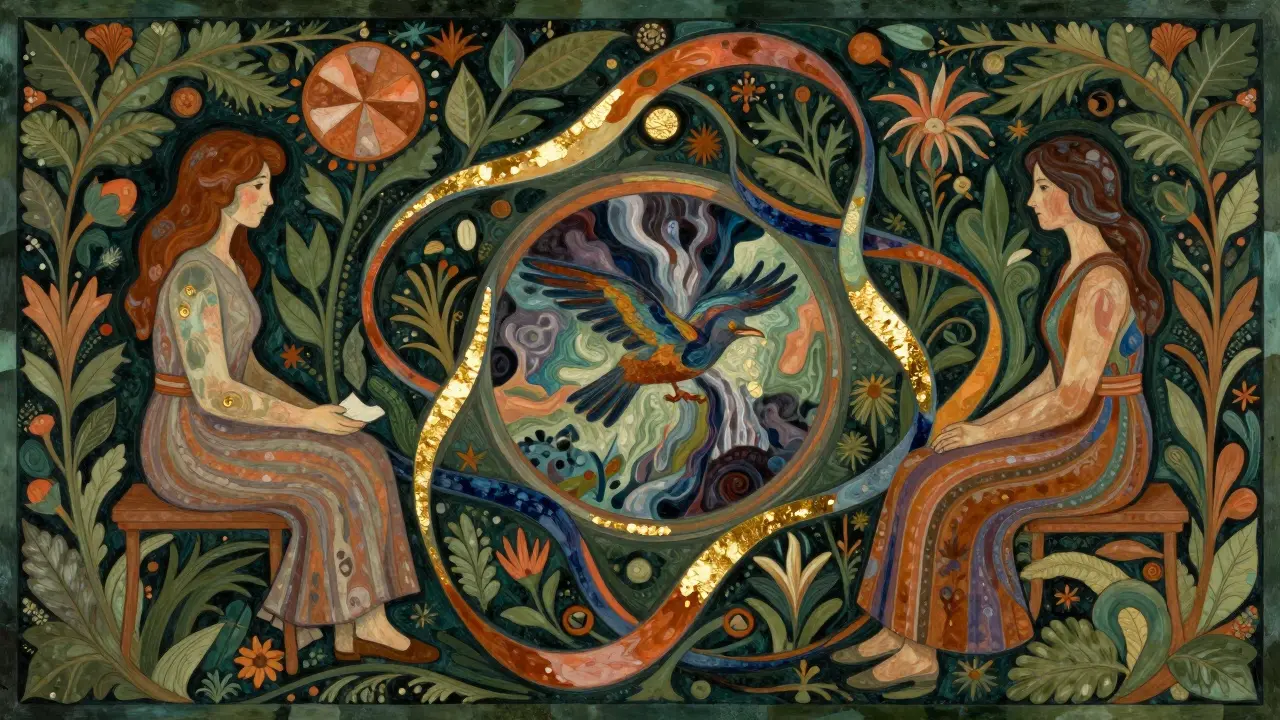 Symbolický trojúhelník klienta, terapeuta a díla obklopený bohatou přírodprodukční dekorací.