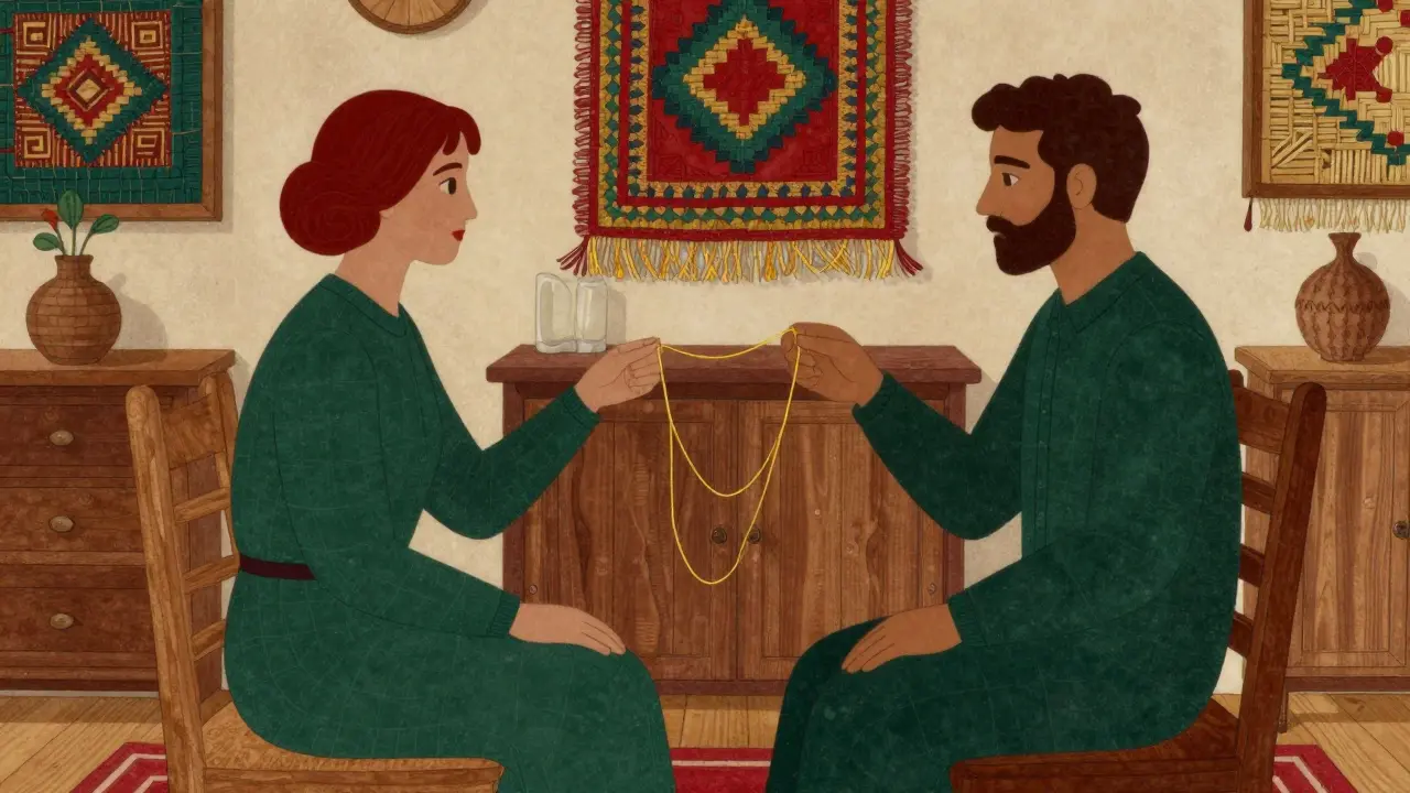 Terapeut a klient v místnosti s ručně vyrobeným nábytkem, symbolizující proces uzdravování.