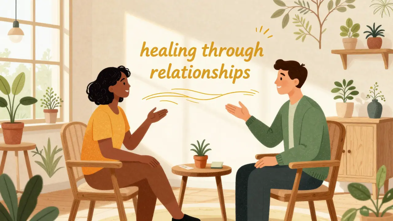 Terapeut a pacient v harmonické místnosti s botanickými vzory a zlatými nitmi komunikace.