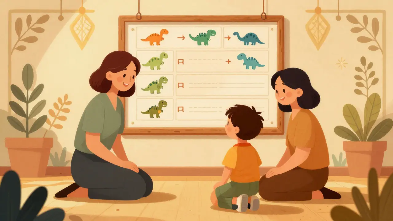 Učitel a rodič chválí dítě za trpělivost u motivační tabulky s dinosaury.