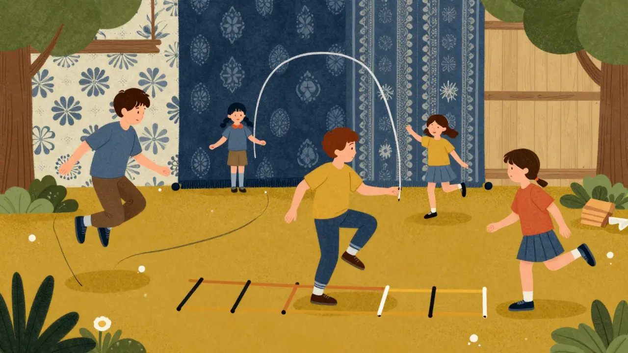 Děti cvičí koordinaci a rovnováhu na venkovním hřišti v ilustrativním stylu