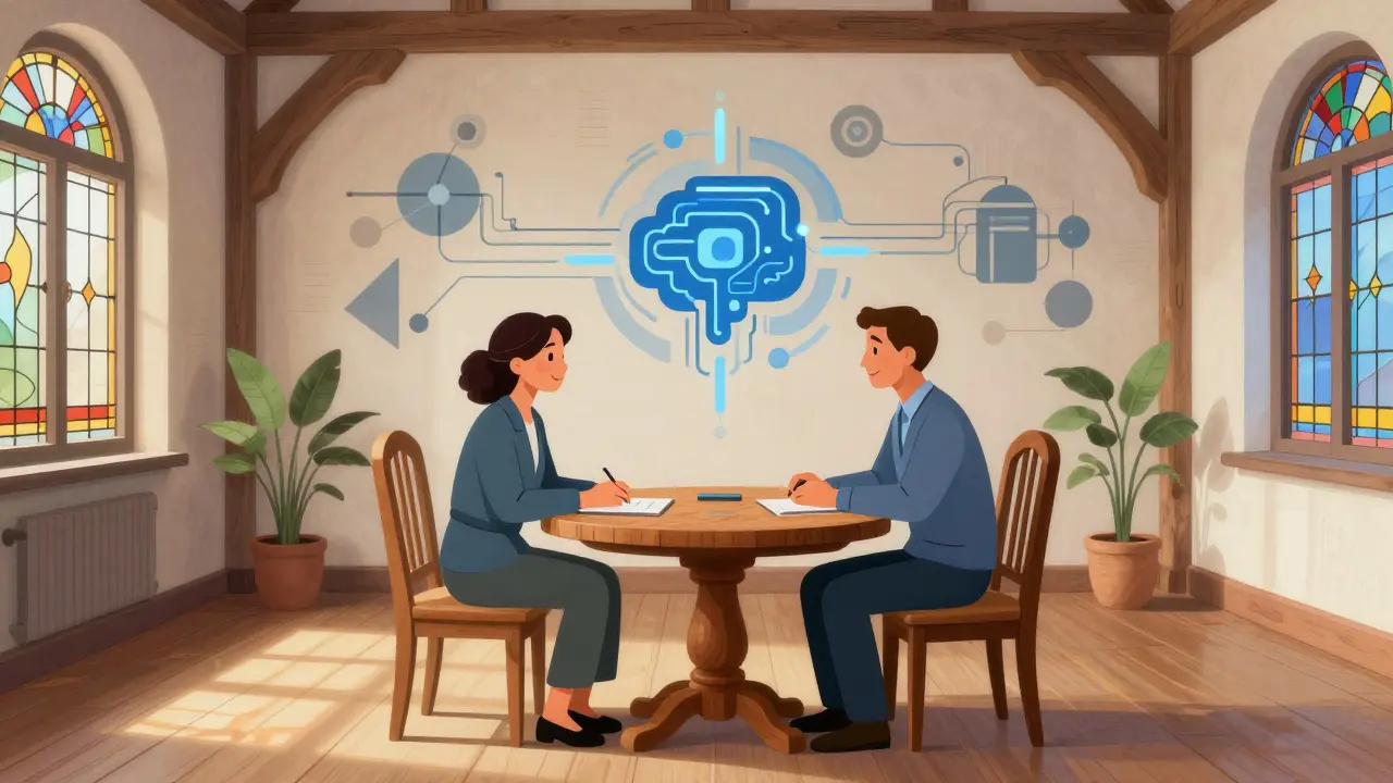 Ilustrace hybridní terapie spojující lidský kontakt a abstraktní technologii