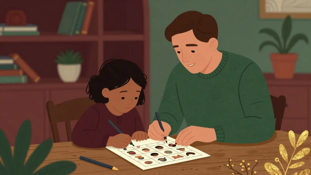 Ilustrace v stylu Arts and Crafts ukazující rodiče a dítě pracující společně na vizuálním plánu v klidném prostředí.