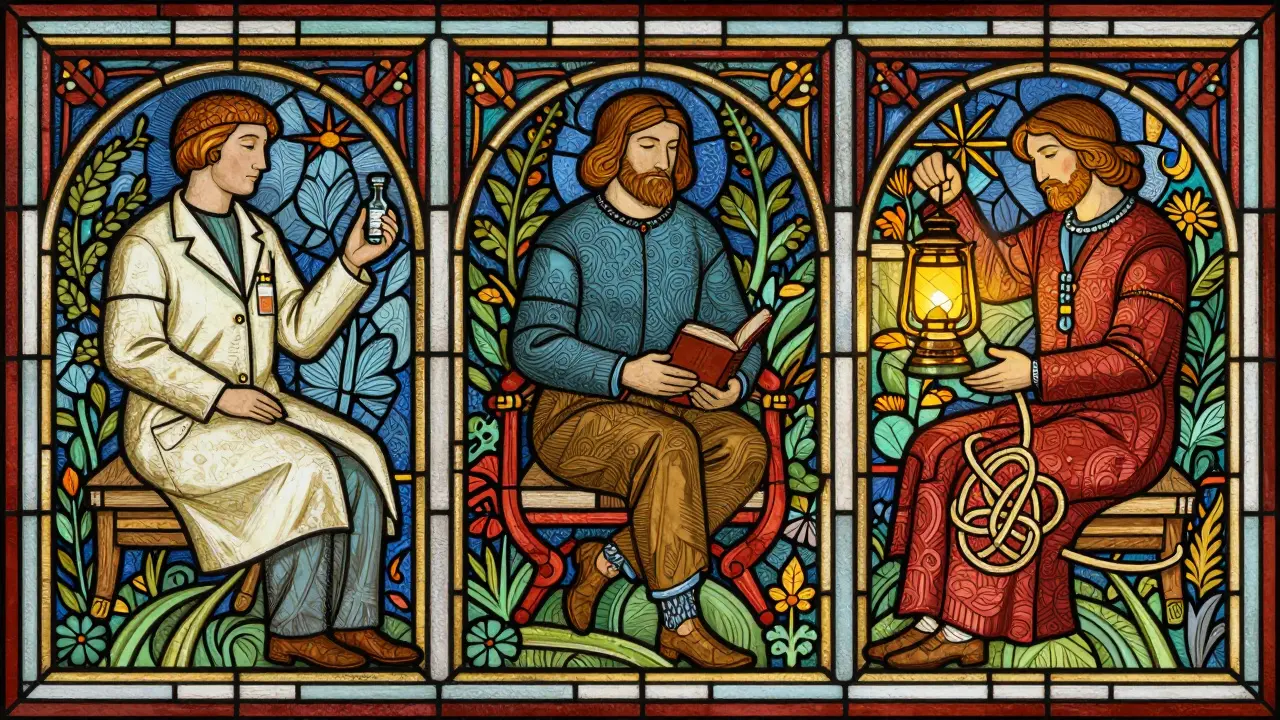 Ilustrace ve stylu Arts and Crafts: Rozdíl mezi psychiatrem, psychologem a terapeutem.