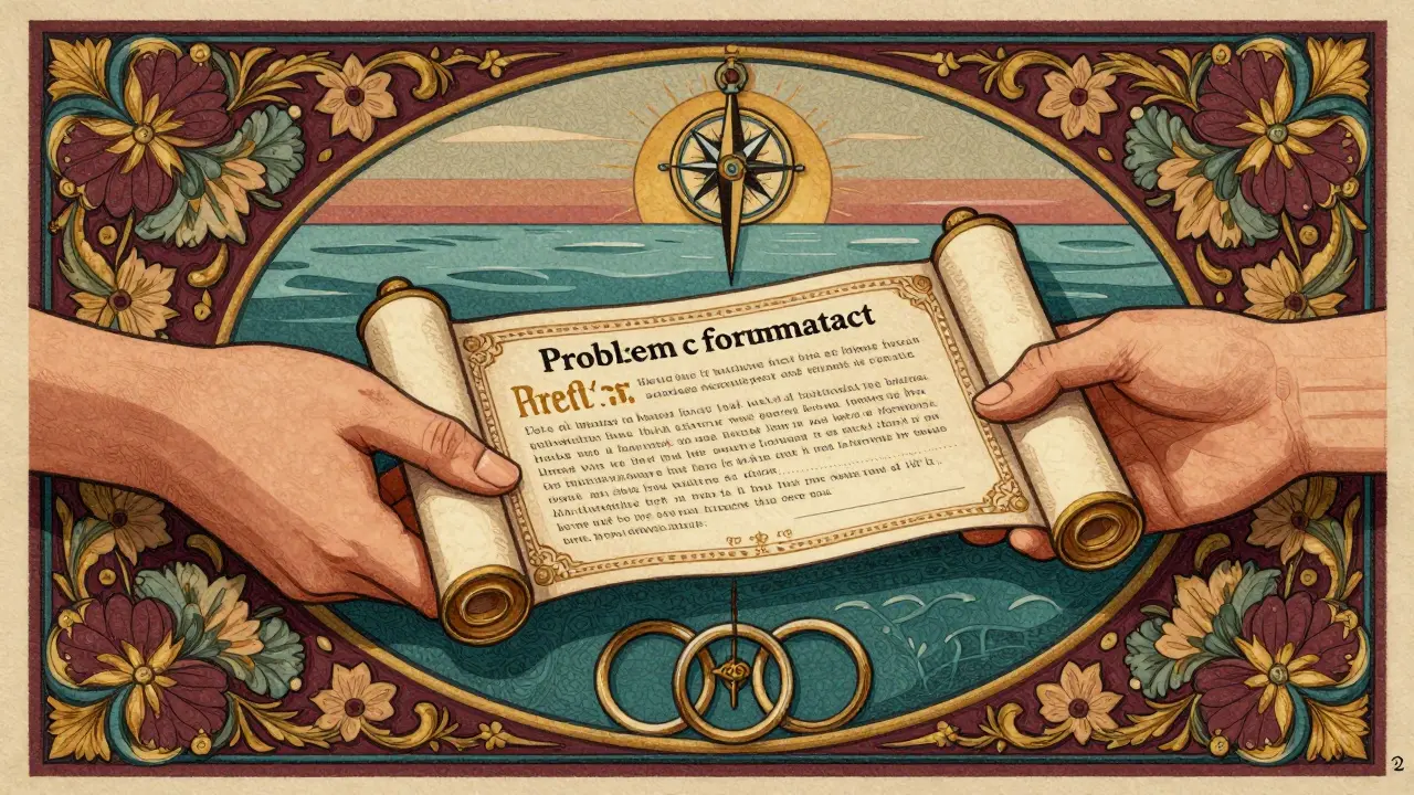 Ilustrace ve stylu Arts and Crafts: ruce držící terapeutický kontrakt uprostřed ornamentů