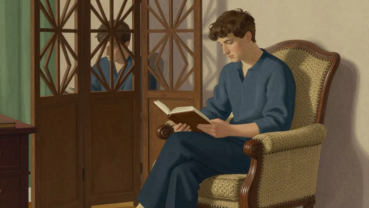 Jednotlivec sedí sám v křesle u stolu, symbolizující individuální terapii a zamyšlení.