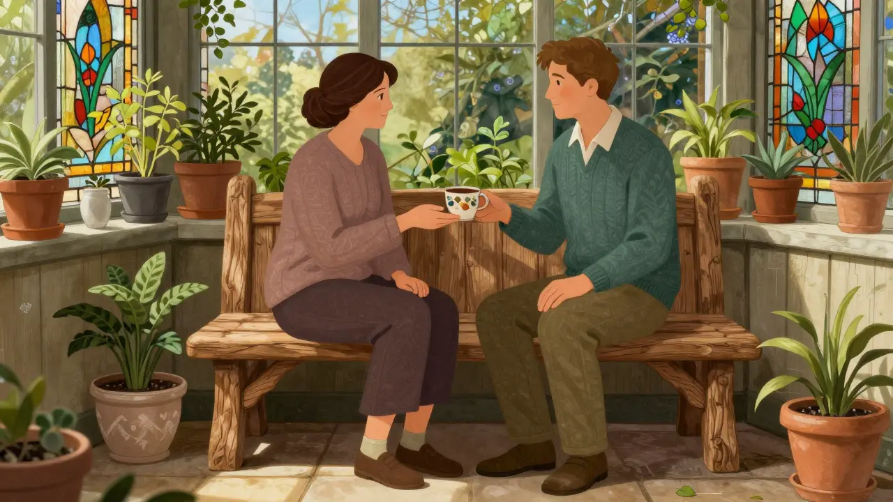Manžel podporuje svou manželku v klidném prostředí, ilustrace role partnera při uzdravování.