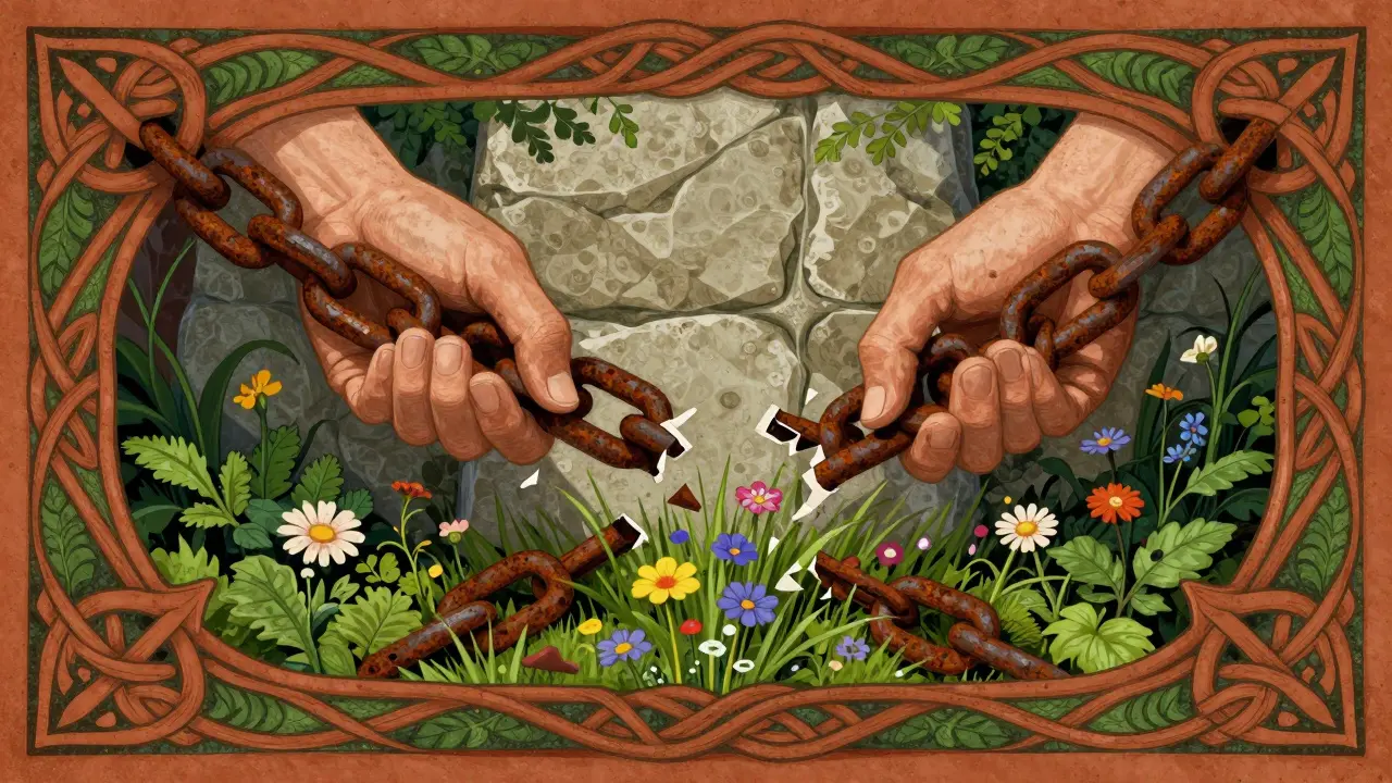 Ruce lámcí řetěz závislosti s kvetoucími květinami symbolizujícími svobodu