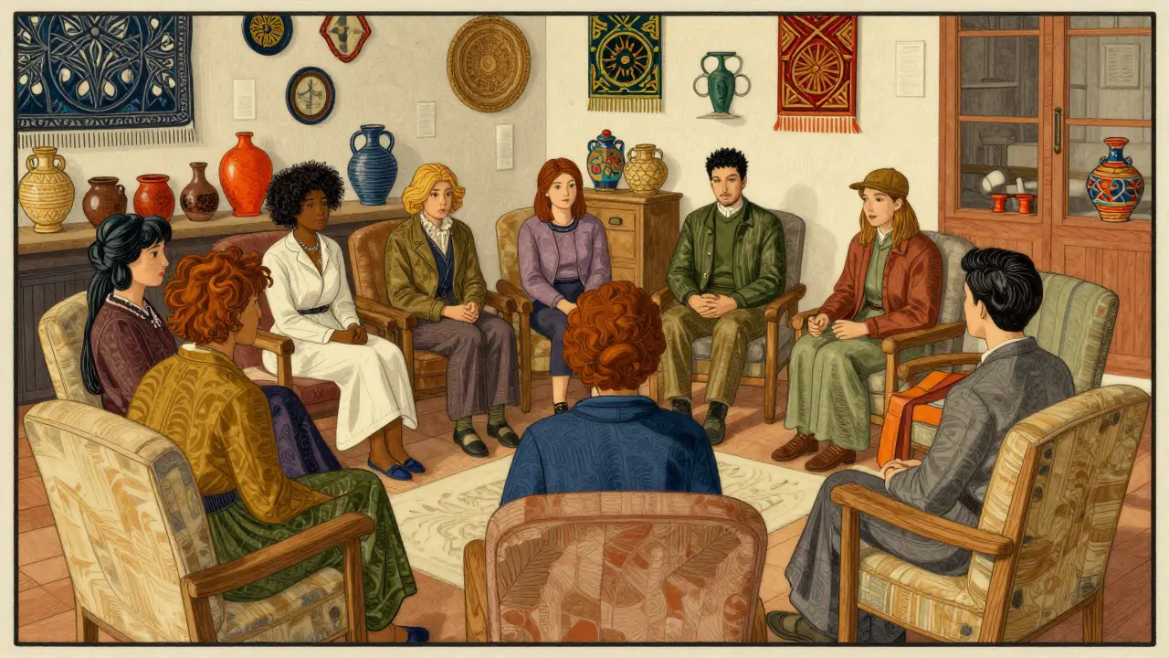 Skupinová terapeutická relace vyobrazená v dekorativním stylu Arts and Crafts s důrazem na vzájemnou komunikaci.