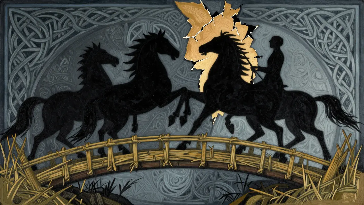 Stínové postavy hrozí mostem vztahu v ilustraci čtyř jezdců apokalypsy
