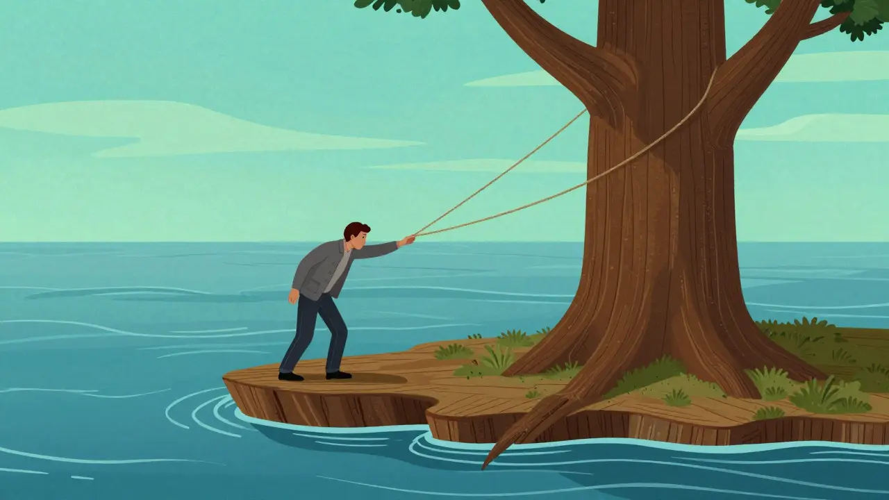 Symbolická ilustrace závislosti na terapeutovi: postava na ostrově drží provaz za strom.