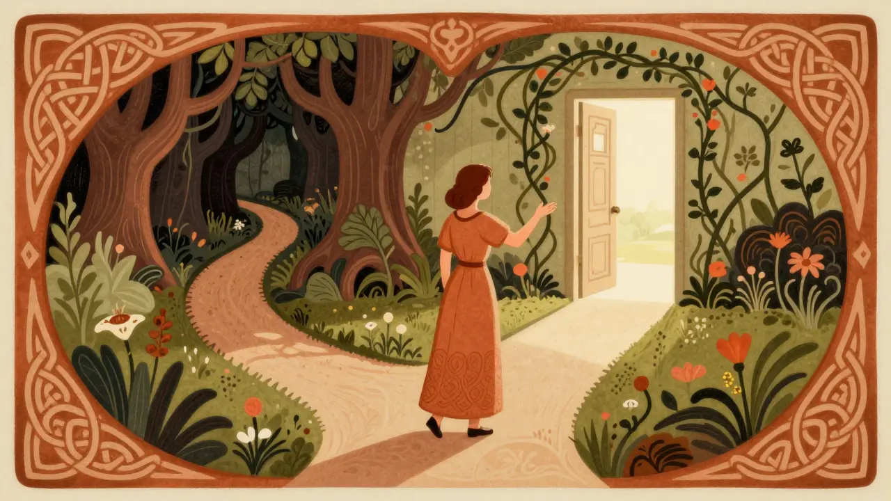 Symbolická ilustrace ženy před volbou cesty: do temného háje nebo k světlu terapie a pomoci.
