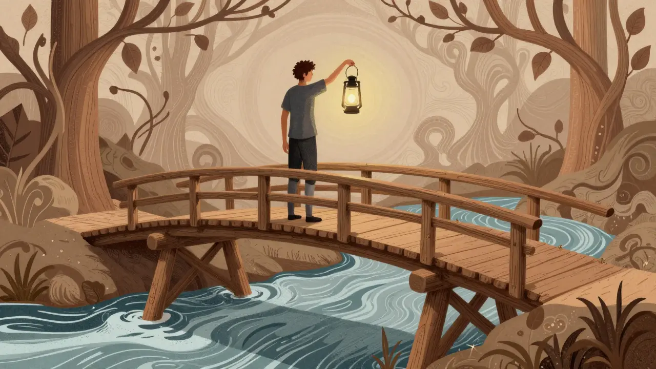 Symbolický most přes řeku emocí s postavou držící lampu, představující cestu k mentální stabilitě.