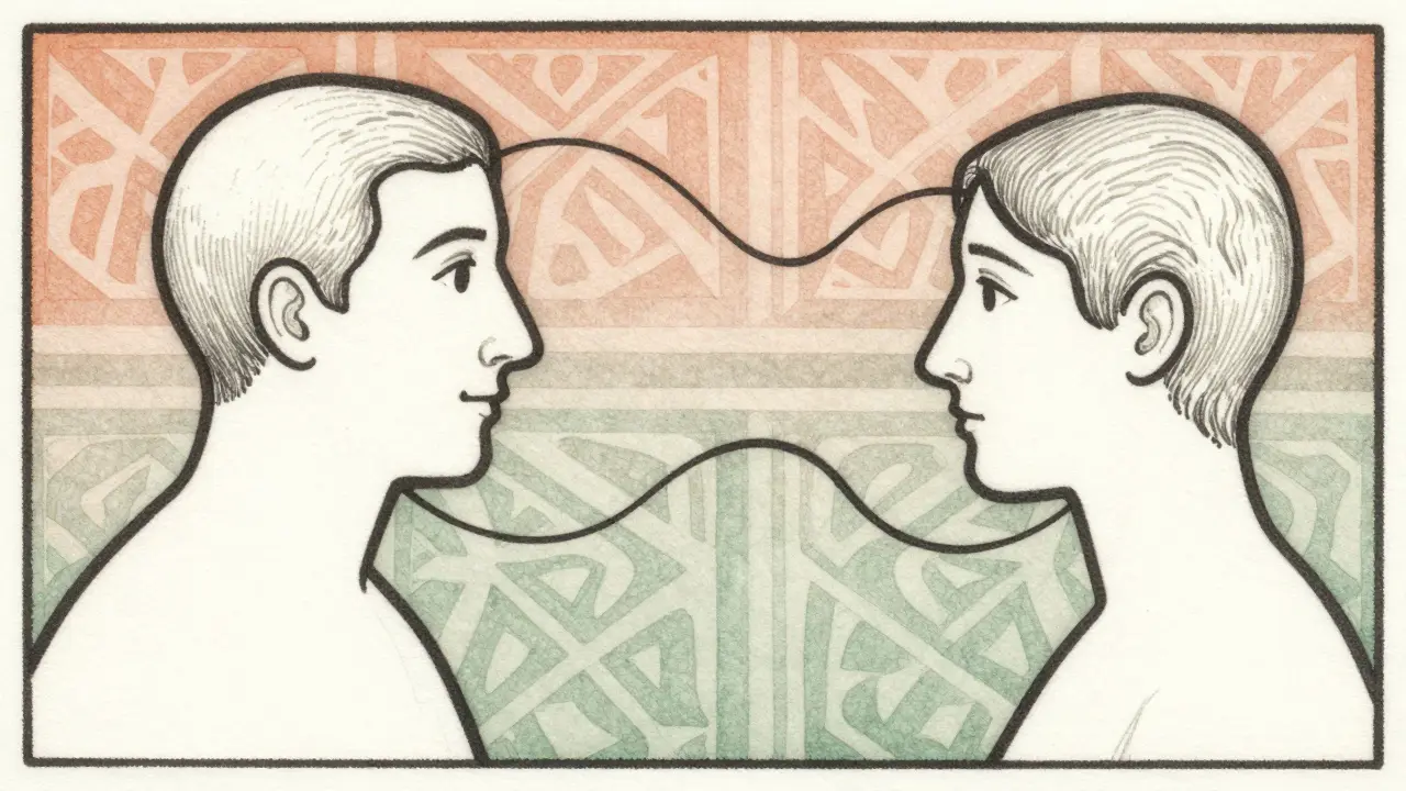 Ilustrace empatie a naslouchání s organickými vzory a zemitémi barvami.
