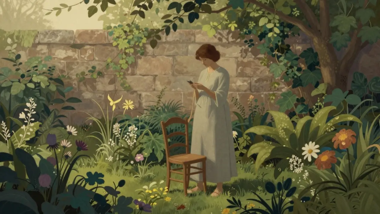 Ilustrace: Klidná postava v zahradě symbolizující přijetí a mír