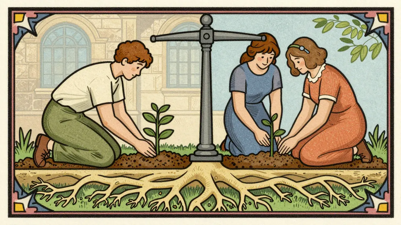 Ilustrace propojených kořenů a rostlin, zobrazující kombinaci obou typů terapie.
