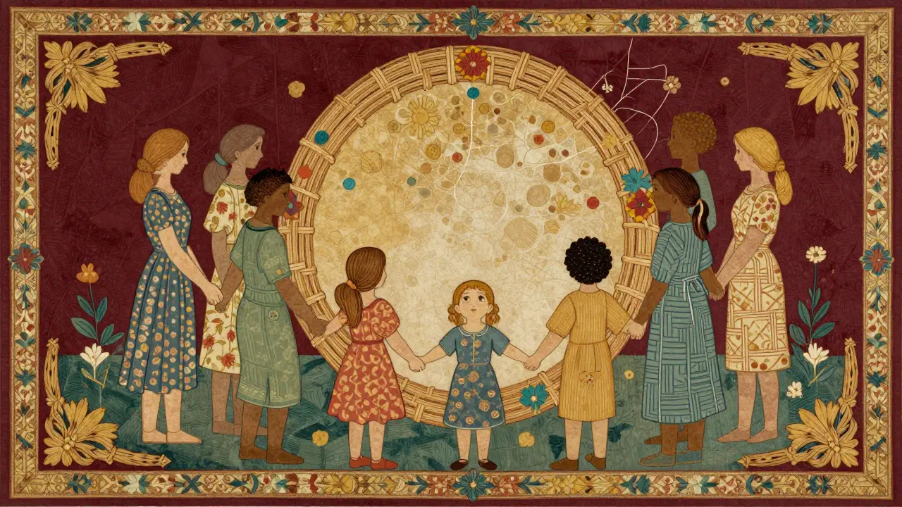 Ilustrace rodinné podpory: kruh lidí tvořící ochrannou hranici z pleteniny