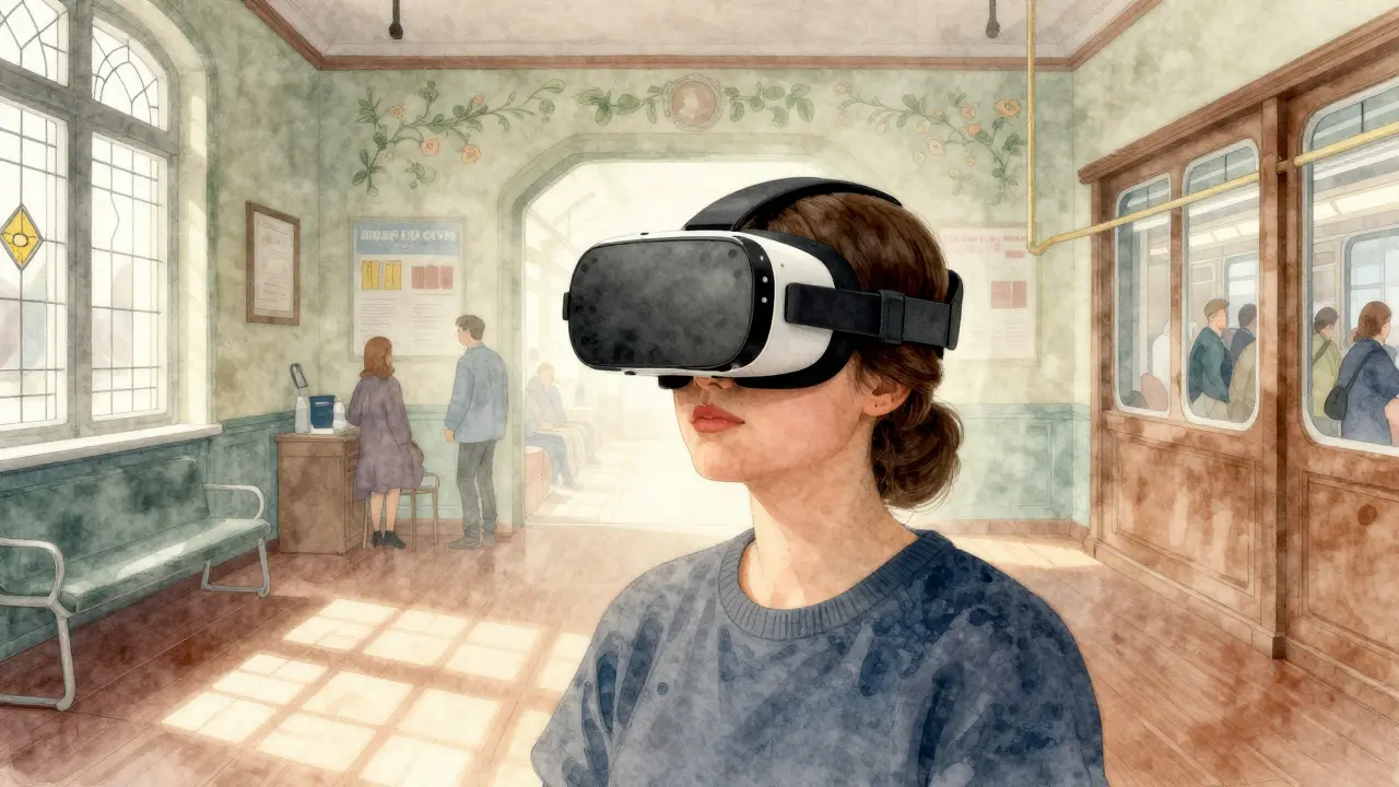 Pacient s virtuální realitou při expoziční terapii v ordinaci