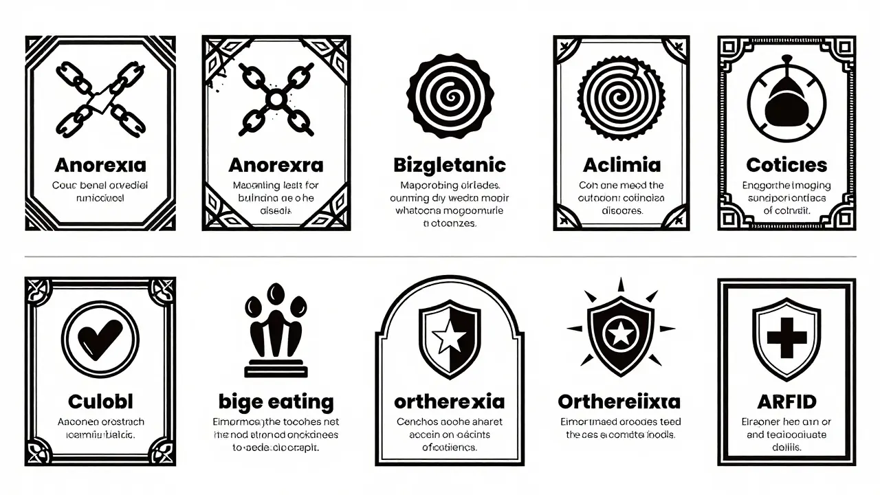 Porovnávací grafika navržená v estetice Arts and Crafts shrnující klíčové rozdíly mezi hlavními typy poruch příjmu potravy (anorexie, bulimie, přejídání, ortorexie, ARFID). Informace jsou prezentovány vizuálně prostřednictvím stylizovaných ikon a dekorativních rámců místo obyčejných tabulek. Každá sekce obsahuje unikátní motivy – jako zlomené řetězy pro kontrolu, spirály pro cykly nebo štíty pro ochranu – aby reprezentovaly motivace a dopady na váhu.